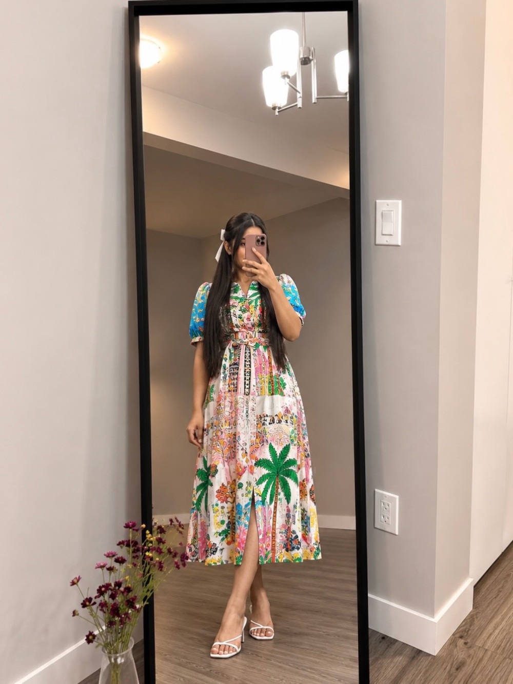 Tropical Print Midi Dress with Tie Waist in Multi-Color